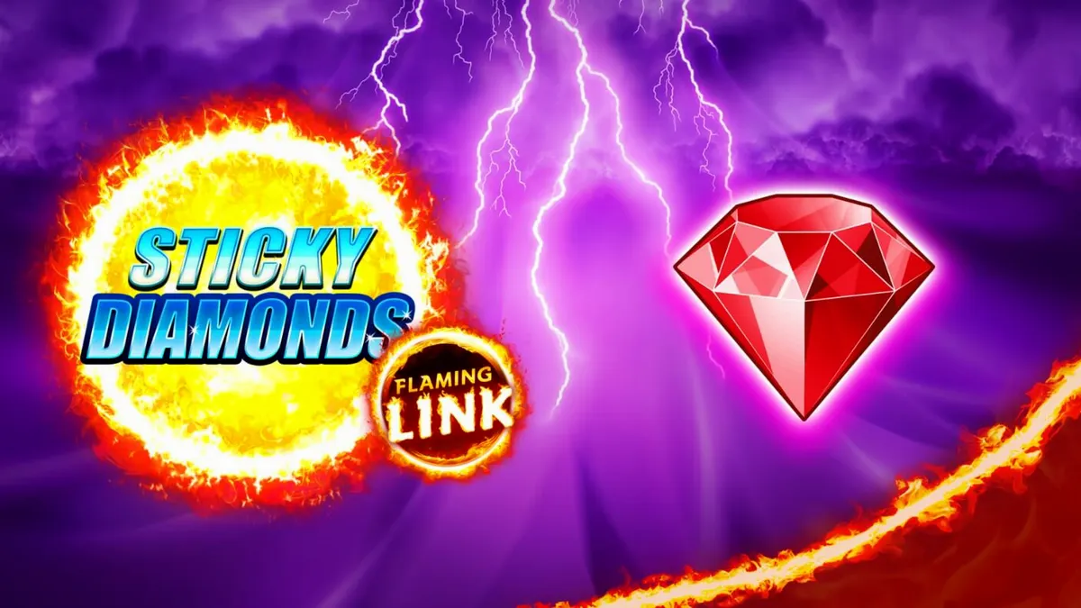 Tampilan visual slot Sticky Diamonds Flaming Link dengan simbol buah dan berlian